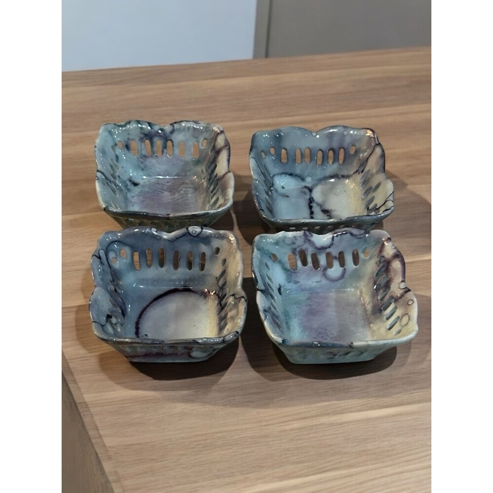 Vtg Trinket Dishes Salt Cellars Porcelain 4 Reticulated Hand Painted Square